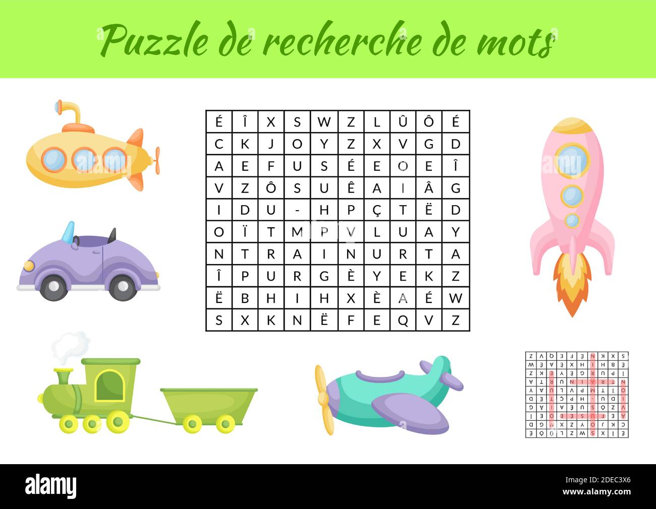 Puzzle de recherche de - Búsqueda de palabras rompecabezas con imágenes. Juego educativo para el estudio de palabras en francés. Hoja de trabajo de actividades para niños Imagen Vector de stock -