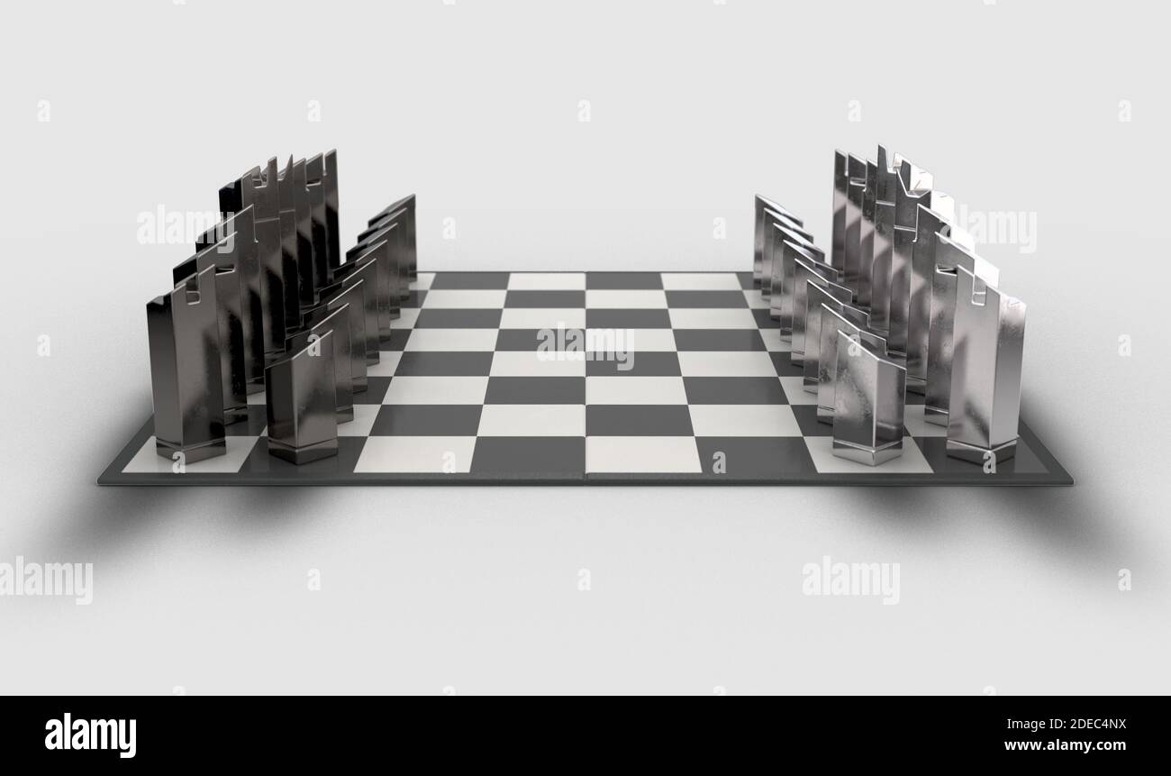 Un juego de ajedrez de metal minimalista para empezar en un Tablero de  cuadros y fondo blanco aislado del estudio - presentación 3D Fotografía de  stock - Alamy