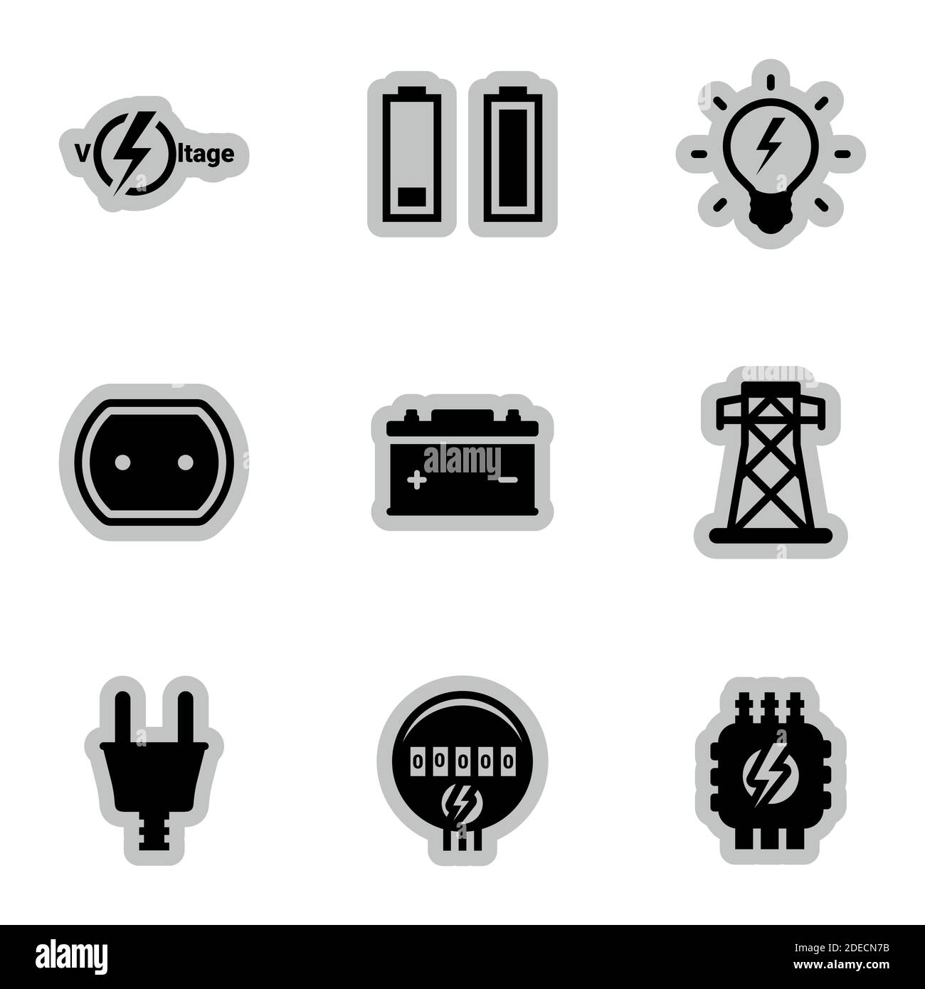 Iconos para el tema Electricidad, energía, tecnología, vector, icono, conjunto. Fondo blanco Ilustración del Vector