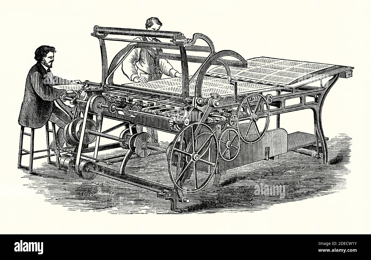 Un viejo grabado que muestra a los hombres que operan una máquina de  plegado de papel c.1870. Es de un libro de ingeniería mecánica victoriano  de la década de 1880. Este ejemplo