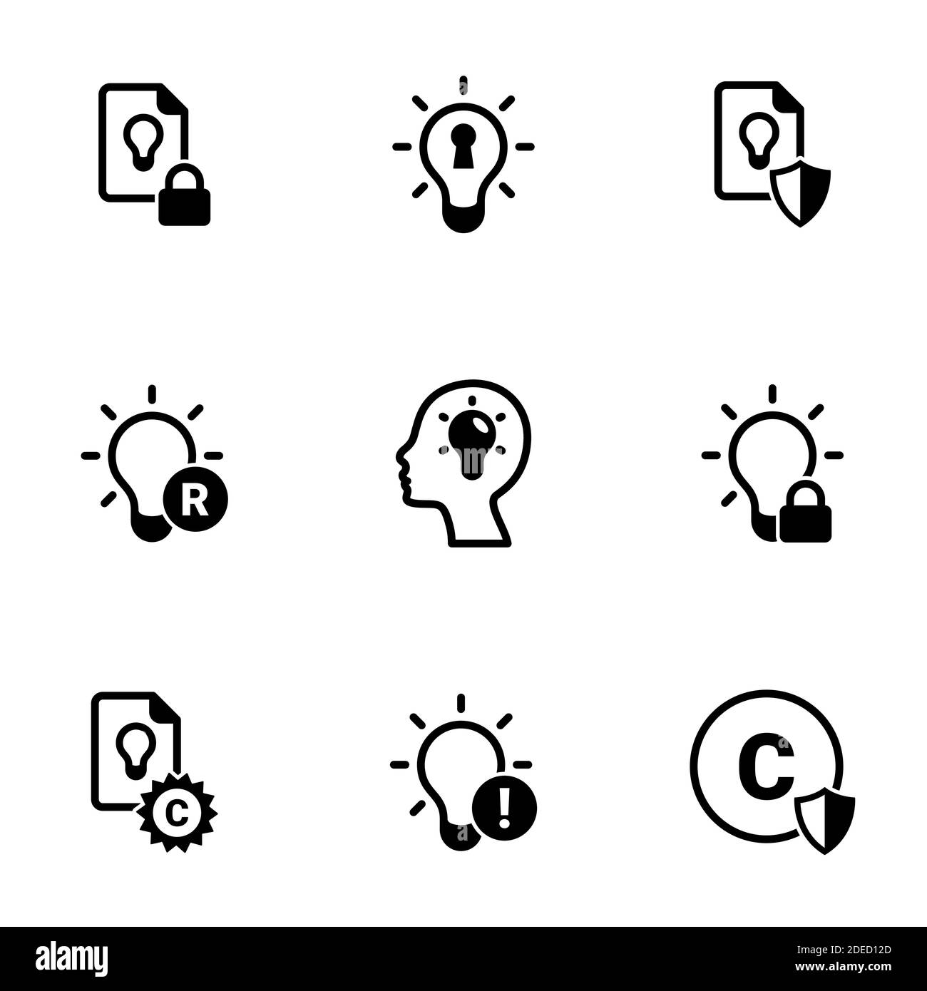 Conjunto de iconos simples sobre un tema propiedad intelectual, vector, diseño, colección, plano, signo, símbolo, elemento, objeto, ilustración, aislado. Ba blanca Ilustración del Vector