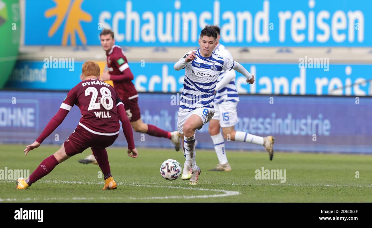 Ciudad de Duisburg, Alemania. 29 Nov, 2020. Firo: 29.11.2020 Fútbol, 3 Bundesliga, temporada 2020/2021, MSV Duisburg - Dynamo Dresden 0: 3 GHINDOVEAN, Duisburg Derecho versus VOLUNTAD | uso en todo el mundo crédito: dpa/Alamy Live News Foto de stock