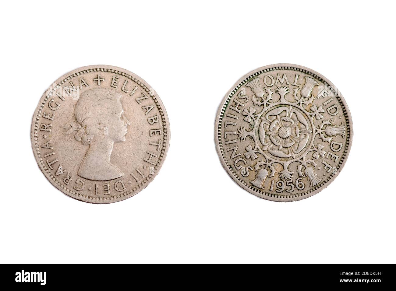 La moneda antigua monedas dinero Reina Isabel II la segunda 2 Shillings plata 1956 Reino Unido Reino Unido Foto de stock