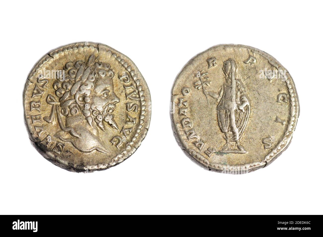 Antiguas monedas antiguas AR Plata Denarius Emperador Septimio Severo (Inverso) Victoria sosteniendo una rama de olivo sobre Partia 201 AD Foto de stock