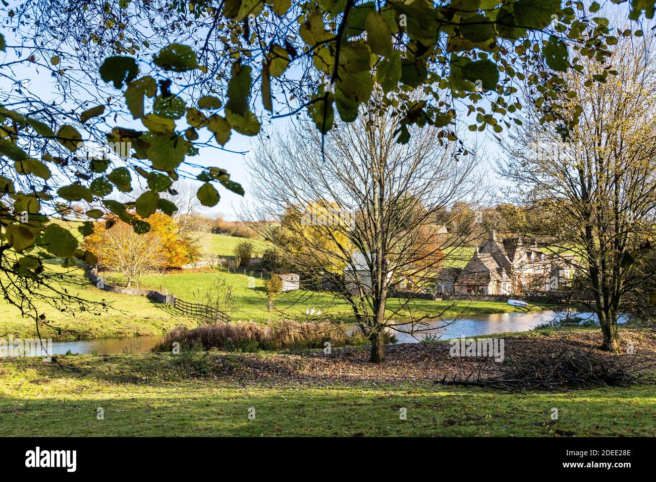 Otoño en los Cotswolds - el pequeño lago en el arroyo detrás de Manor Farm en Middle Duntisbourne, Gloucestershire Reino Unido Foto de stock