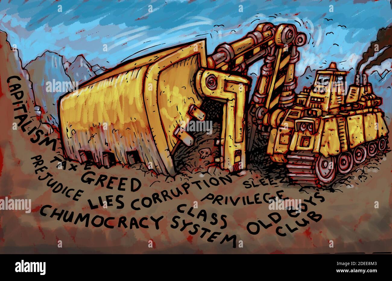 Ilustración de arte conceptual que muestra el poder destructivo de la clase de corrupción, la chumocracia, la avaricia, el privilegio, el club de los viejos, las mentiras, el capitalismo, la avaricia fiscal Foto de stock