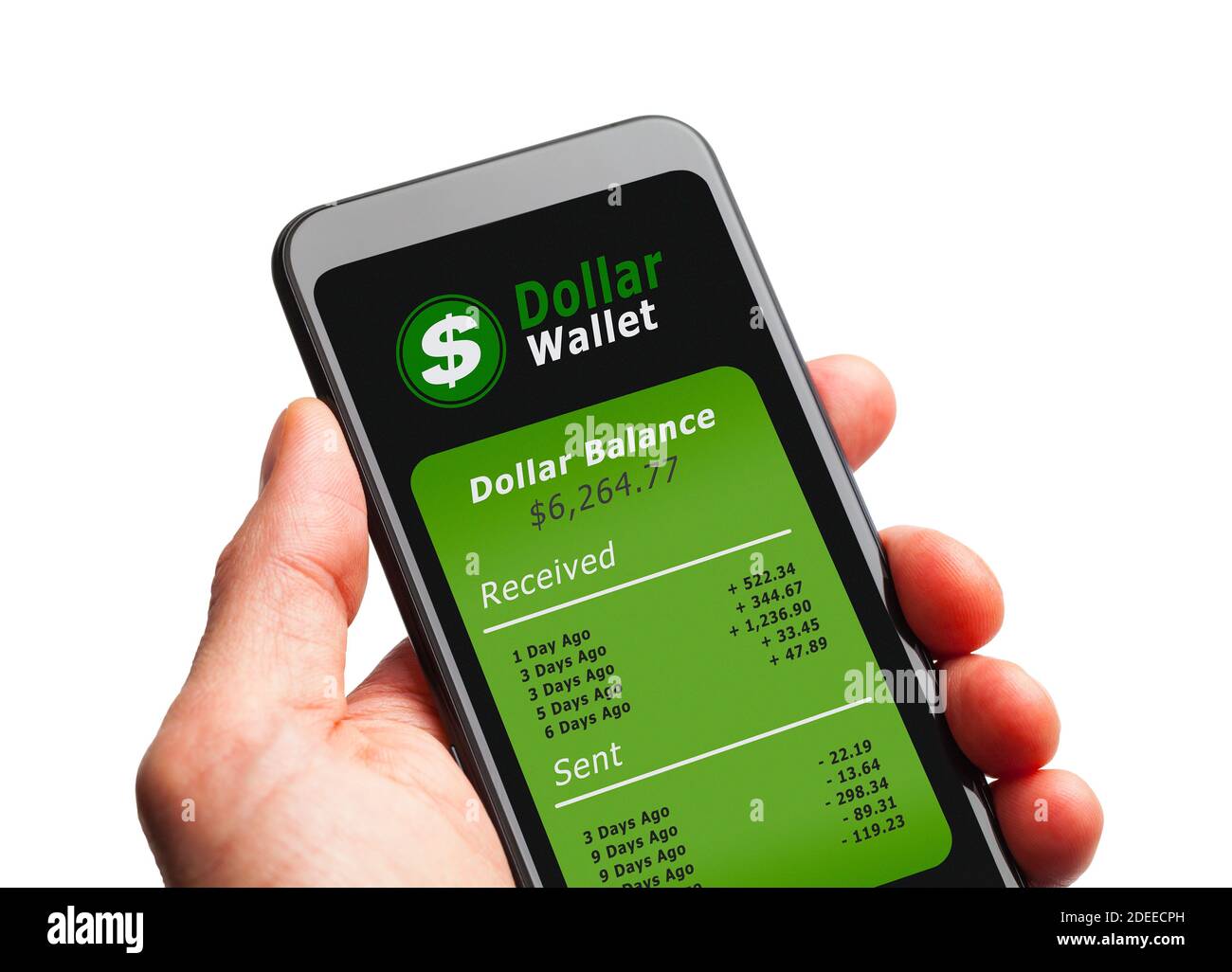 Manos sosteniendo Smart Phone con la Reserva Federal Digital Dollar Crypto Wallet. Foto de stock