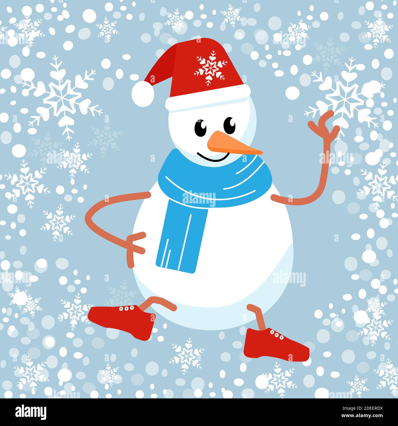 Felices fiestas de Navidad. 2021 años muñeco de nieve de Cute sobre fondo  azul y copos de nieve. Dibujos animados Imagen Vector de stock - Alamy