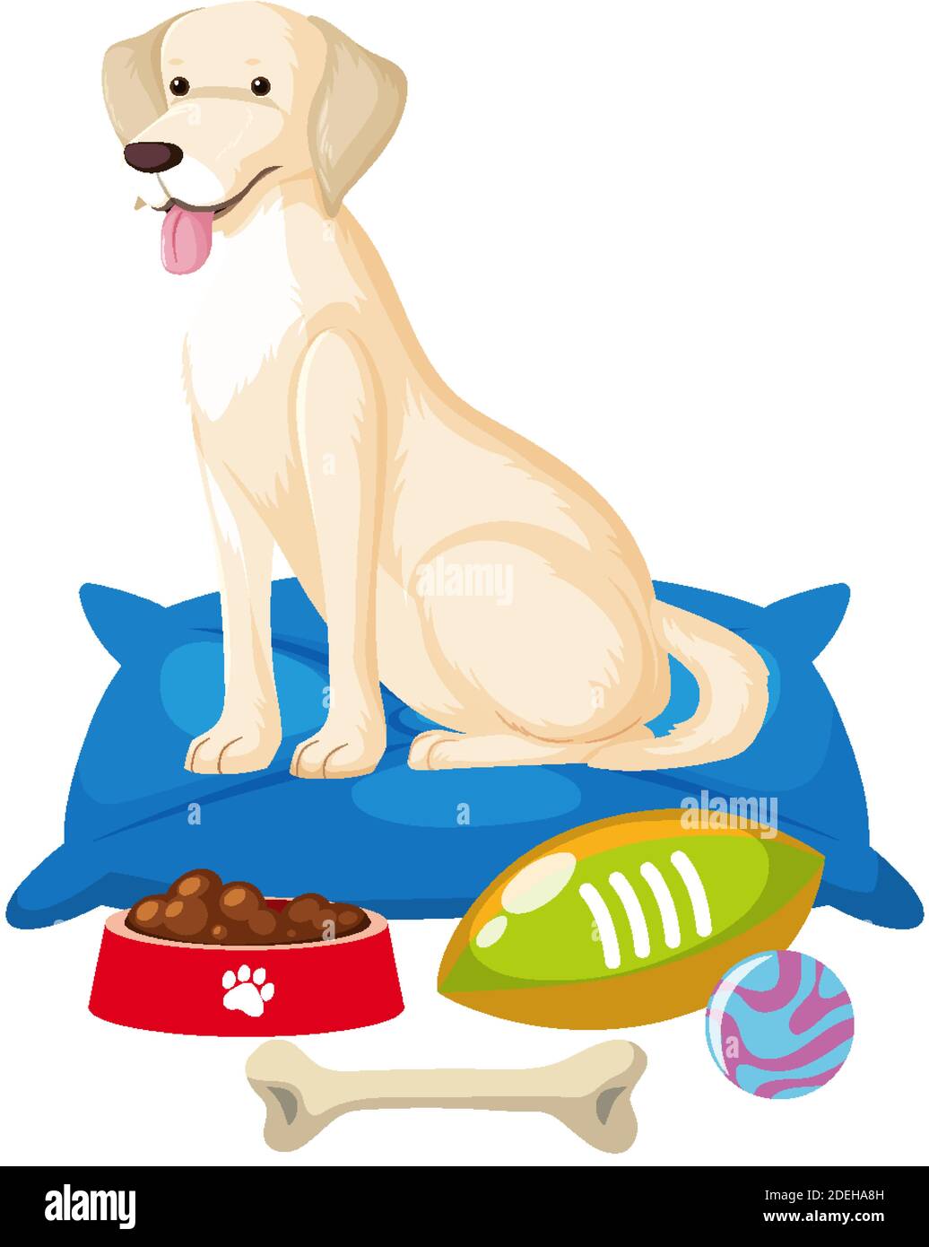 Lindo perro con elementos de juguete de perro sobre fondo blanco  ilustración Imagen Vector de stock - Alamy
