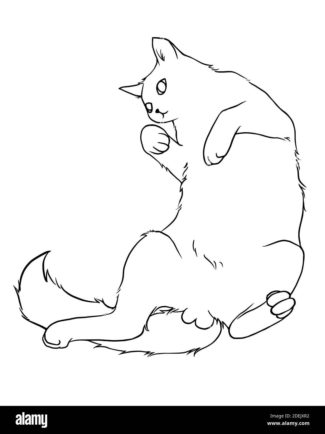 Un dibujo de línea de un gato tumbado en el suelo con comodidad