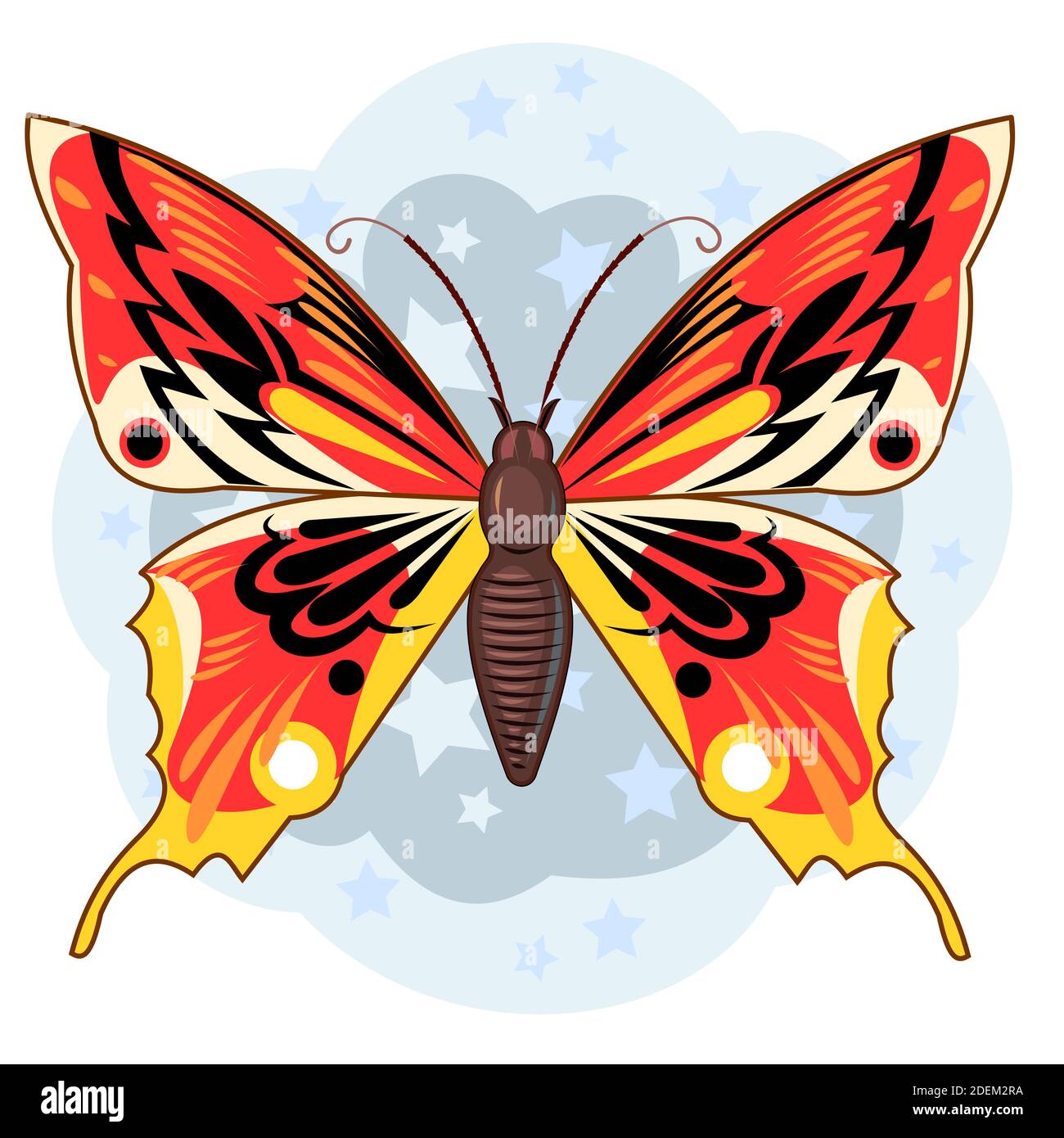 Mariposa roja sobre un fondo abstracto con estrellas. Composición brillante y hermosa. Objeto aislado sobre blanco. Vector. Ilustración del Vector