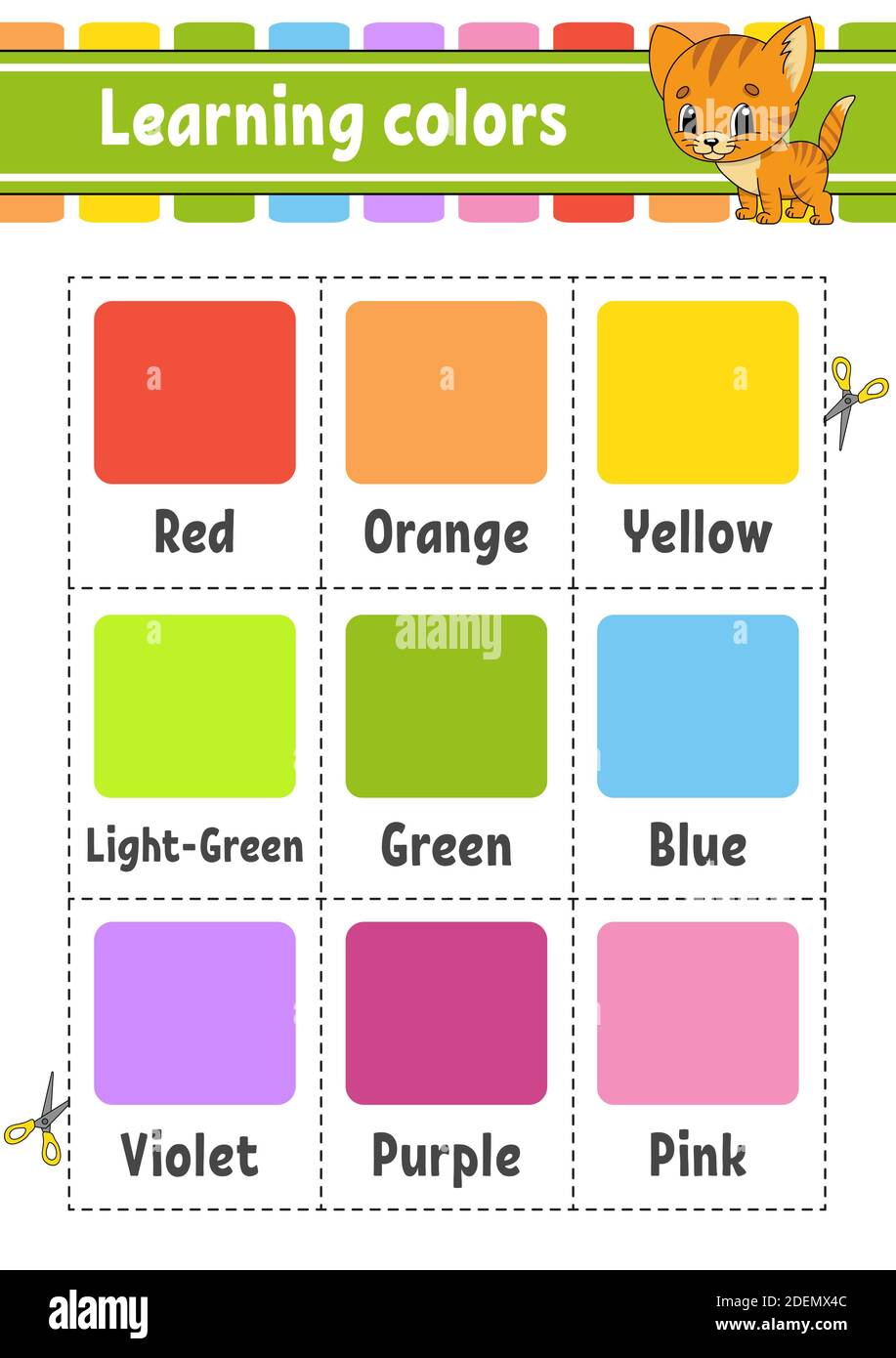 Aprender colores. Un conjunto de tarjetas flash de diferentes colores. Cortar y jugar. Hoja de trabajo activa para niños. Ilustración de vector de color aislada sobre fondo blanco Ilustración del Vector