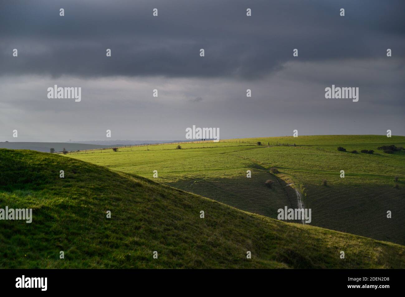 Mirando hacia el suroeste sobre praderas onduladas bajo la luz del sol otoñal en el área de Devil's Dyke, South Downs, West Sussex, Reino Unido. Foto de stock