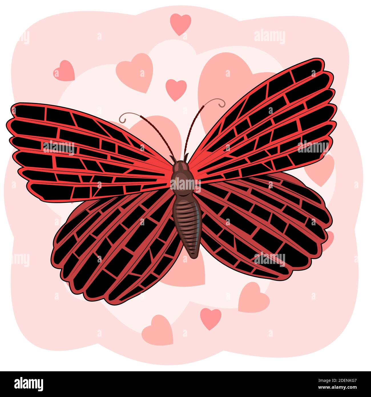 Mariposa roja en un fondo abstracto con corazones. Composición brillante y hermosa. Objeto aislado sobre blanco. Vector. Ilustración del Vector