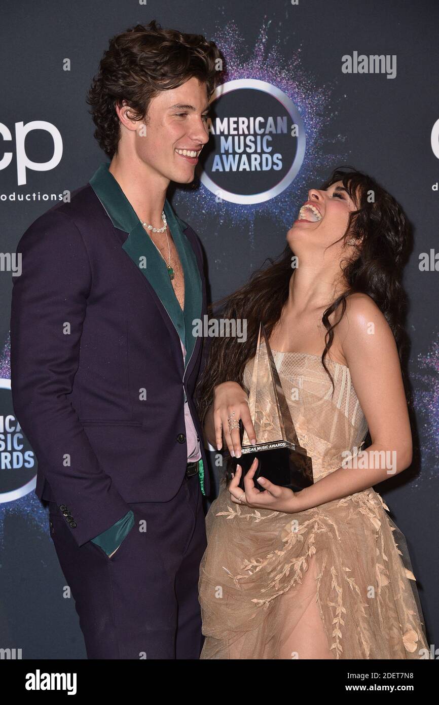 Shawn Mendes y Camila Cabello, ganadores del premio de colaboración del año  por 'Señorita', se presentan en la sala de prensa durante los Premios de  Música Americana 2019 en Microsoft Theatre el