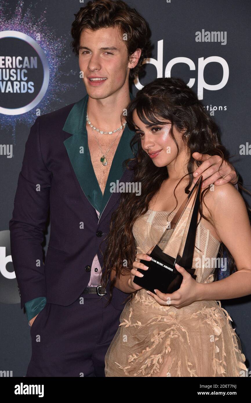 Shawn Mendes y Camila Cabello, ganadores del premio de colaboración del año  por 'Señorita', se presentan en la sala de prensa durante los Premios de  Música Americana 2019 en Microsoft Theatre el