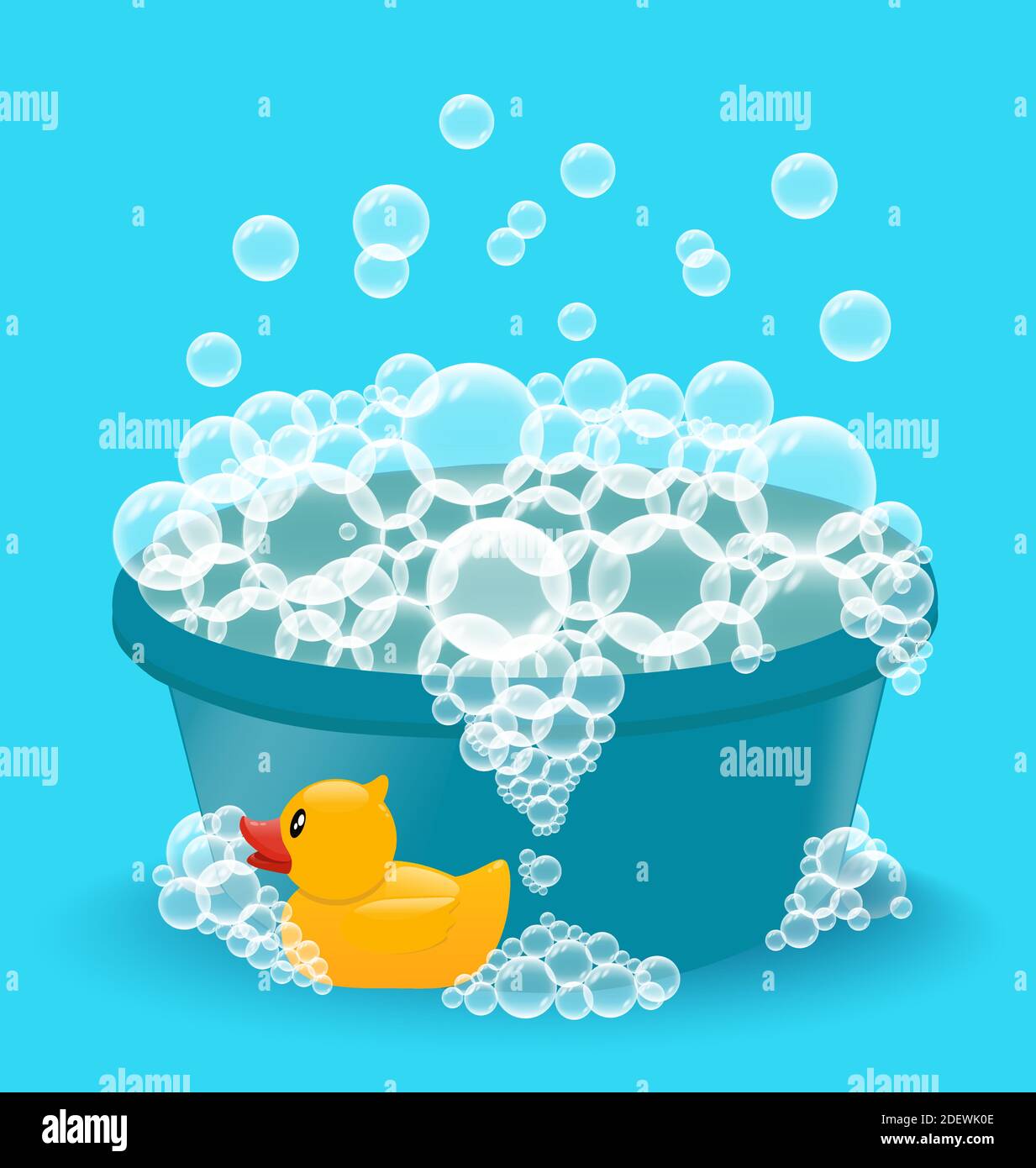 Lavabo azul con sodas de jabón y pato de goma amarillo. Concepto para lavar  ropa de bebé o bañarse. Ilustración vectorial Imagen Vector de stock - Alamy