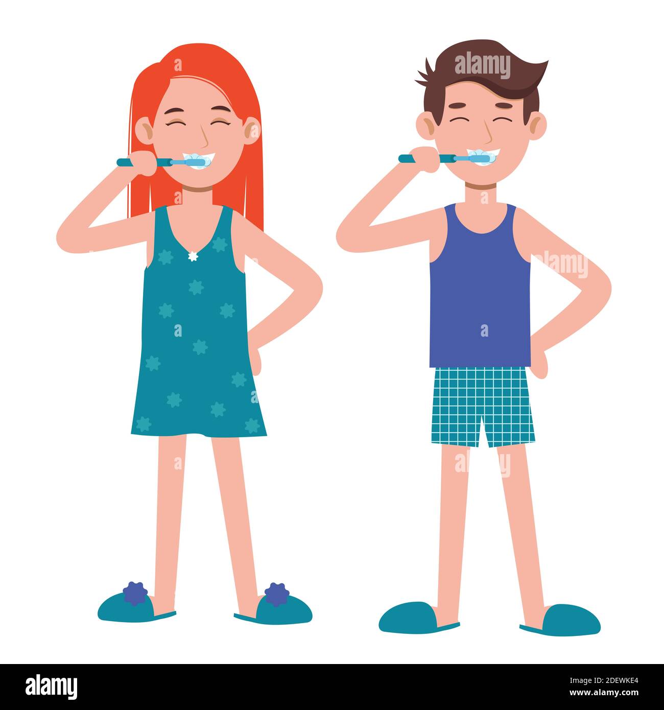 Mujer joven y hombre cepillándose los dientes en un baño. Higiene bucal,  cuidado de la salud dental. Ilustración de personajes de dibujos animados  planos vectoriales Imagen Vector de stock - Alamy