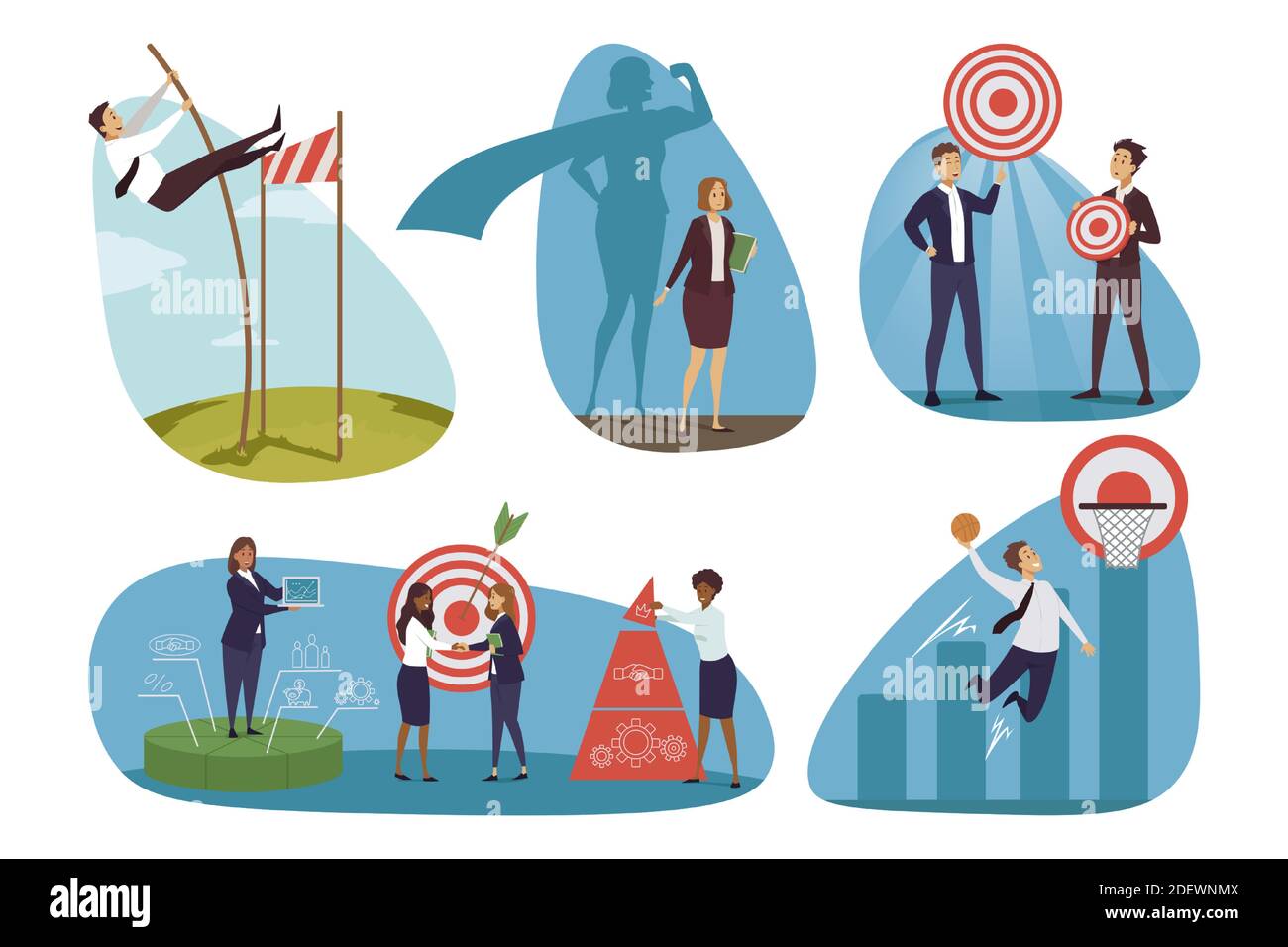 Definición de objetivos, negocios y objetivos. Hombres de negocios mujeres gerentes de oficina moviéndose a través de obstáculos para obtener beneficios financieros y cooperando juntos. Creación y análisis de equipos. Ilustración del Vector