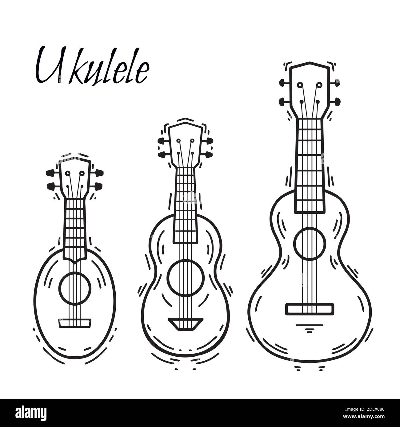 Conjunto de contorno de ukulele con decoración. Música hawaiana. Instrumento  de cuerda musical. Elemento de contorno vectorial para postales, banners,  páginas de colorear e y Imagen Vector de stock - Alamy