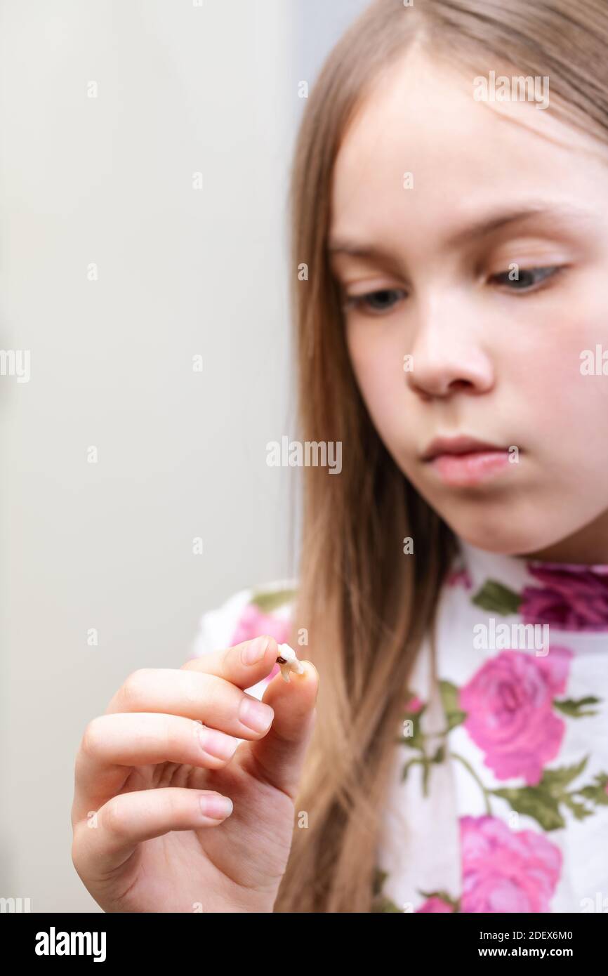 Niña de edad elemental observando dientes de bebé extraídos con caries