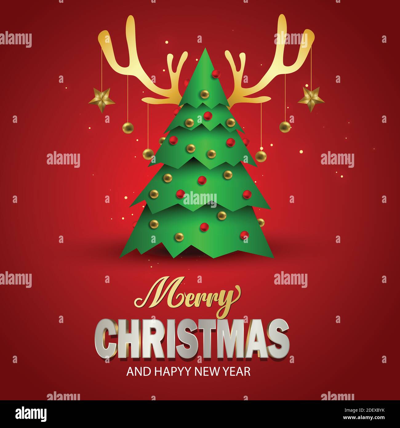 Feliz Navidad y feliz año nuevo con letras rojo fondo plantilla. Tarjeta de  felicitación invitación con árbol verde y cuerno de renos . Ilustración  vectorial Imagen Vector de stock - Alamy