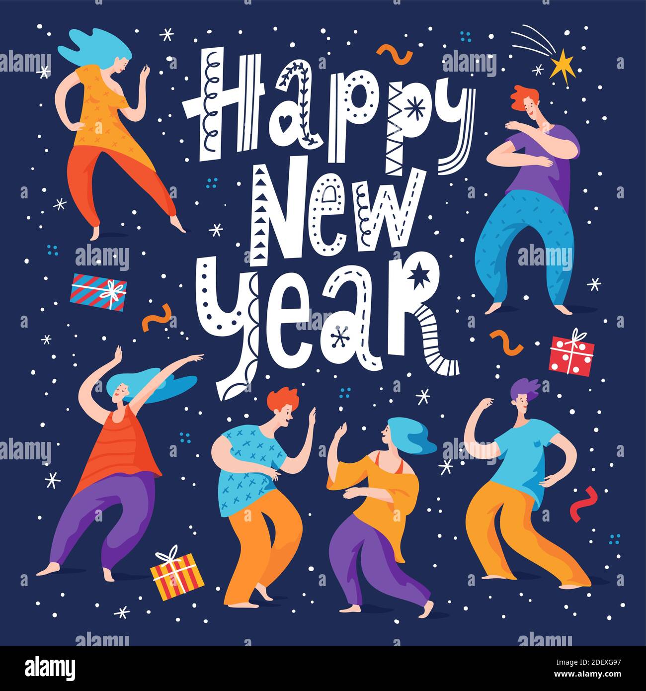 Feliz año Nuevo cartel con la gente bailando en la fiesta Imagen Vector de  stock - Alamy