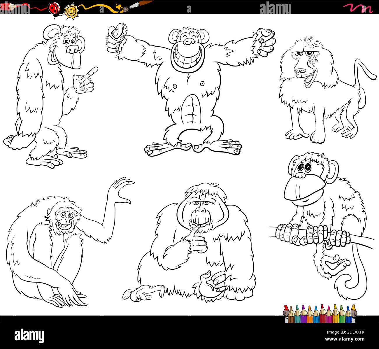 Dibujos animados en blanco y negro de simios y monos primate los caracteres animales establecen la página del libro de colores Imagen Vector de stock - Alamy