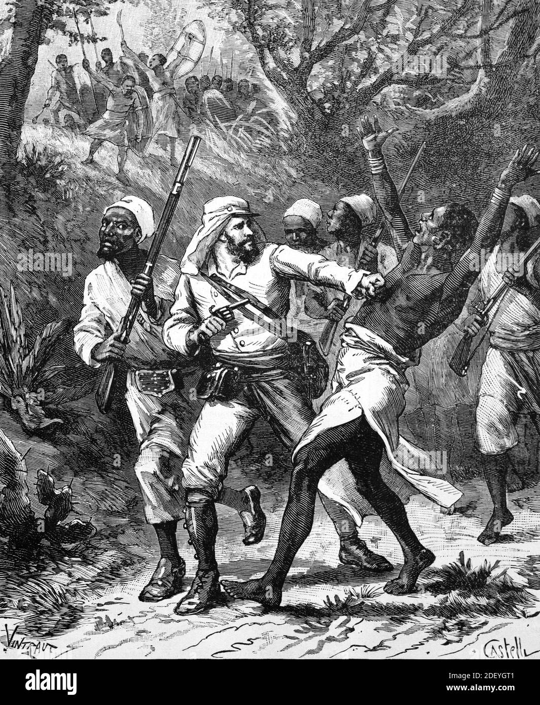 Enfrentamiento en el África colonial entre colonias europeas y africanos (Engr Castelli 1884) Grabado de la vendimia o Ilustración Foto de stock