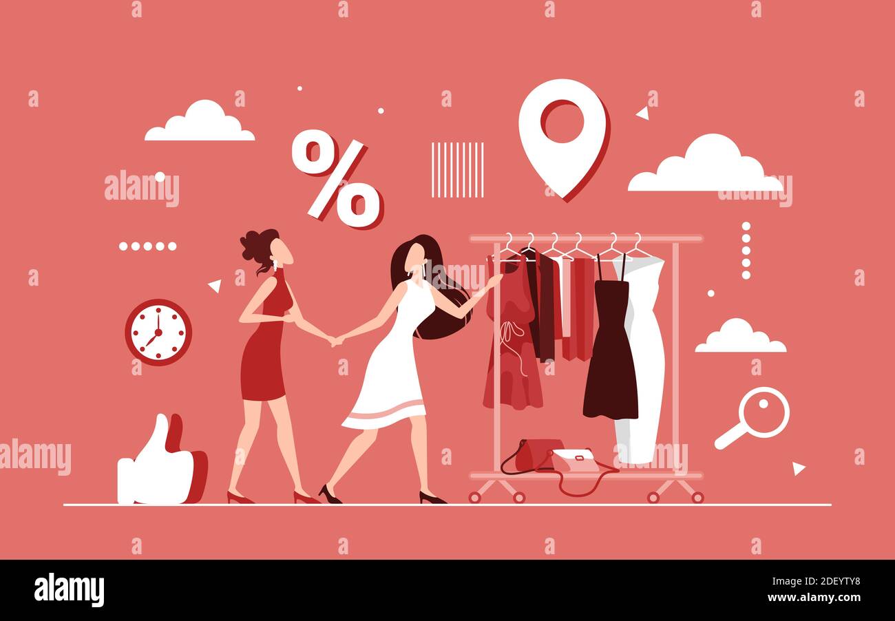Descuento concepto de compras ilustración vectorial. Dibujos animados  personajes mujer corriendo para comprar ropa femenina, vestido colgando en  la tienda, tienda percha rack durante la venta de temporada. Nuevo fondo de  la