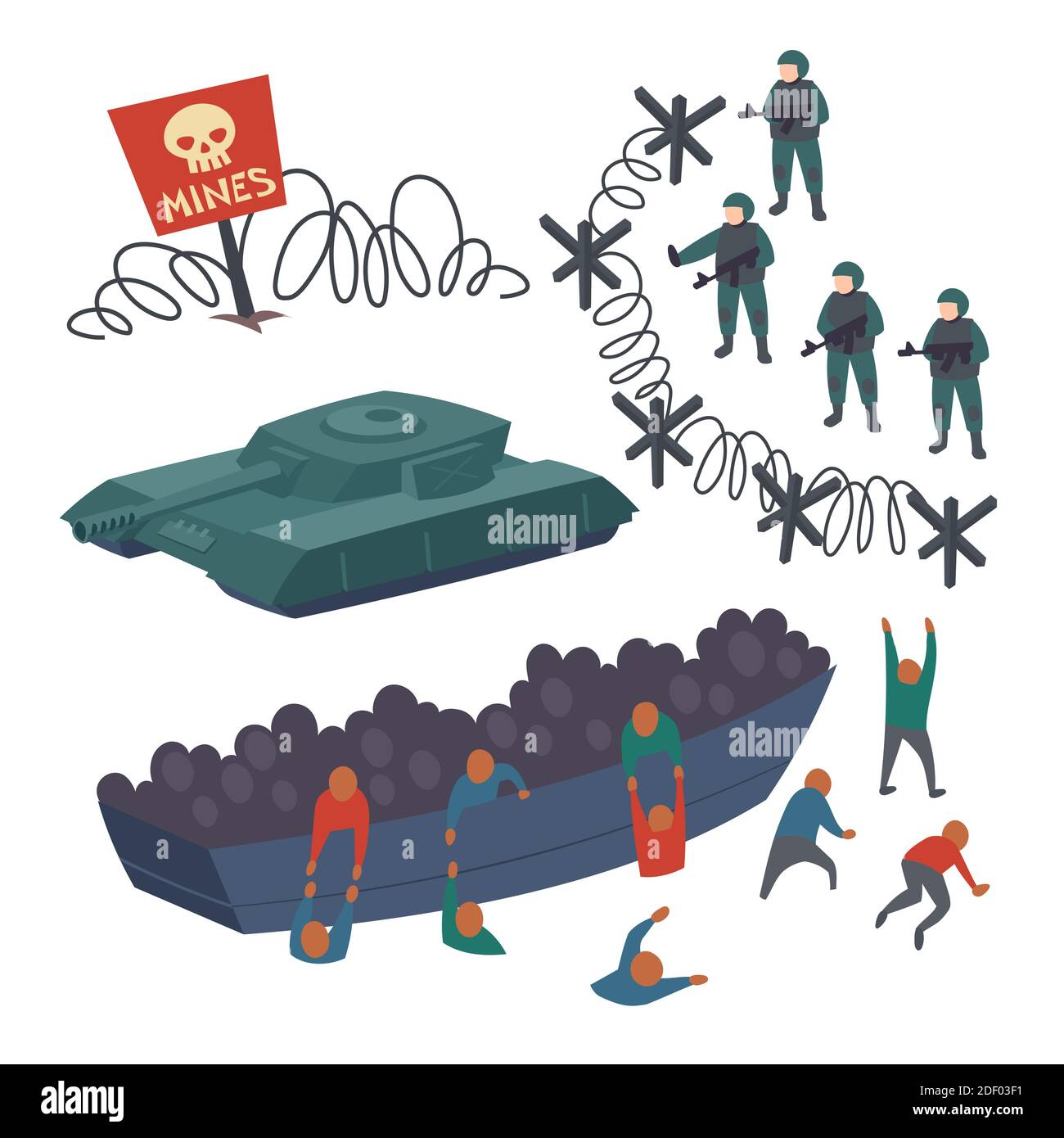 Concepto de migración y seguridad de las fronteras estatales. Dibujo de dibujos  animados vectoriales de refugiados de Siria, Irak o África aterriza en  barco. Soldados con armas, alambre de púas, tanque y