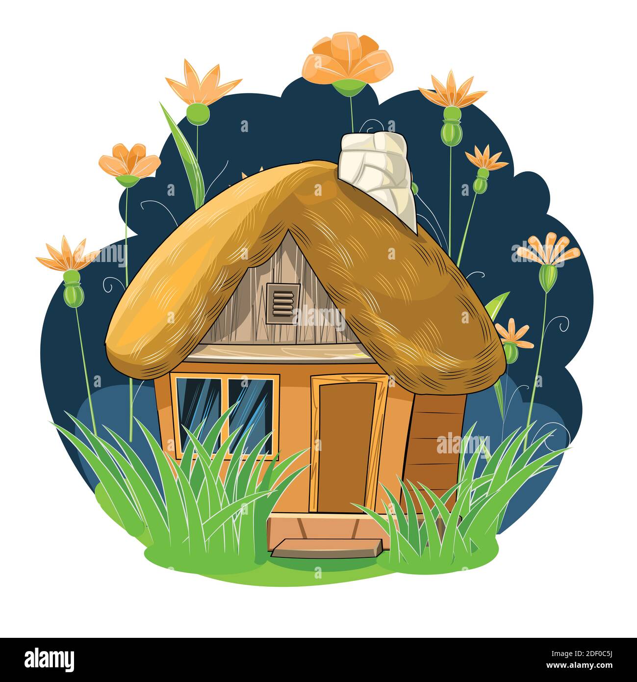 Antigua casa con techo de paja. Fabuloso objeto de dibujos animados. Lindo estilo infantil. Vivienda antigua. Pequeño, pequeño. En el fondo de una noche Imagen Vector de stock - Alamy Antigua casa con techo de paja. Fabuloso objeto de dibujos animados. Lindo estilo infantil. Vivienda antigua. Pequeño, pequeño. En el fondo de una noche Imagen Vector de stock - Alamy