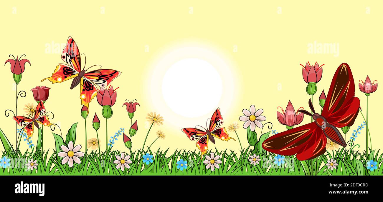 Pradera en flor con hierba y flores. Paisaje con cielo y sol. Estilo de dibujos animados. Ilustración fabulosa. Imagen de fondo. Hermosa vista natural Ilustración del Vector