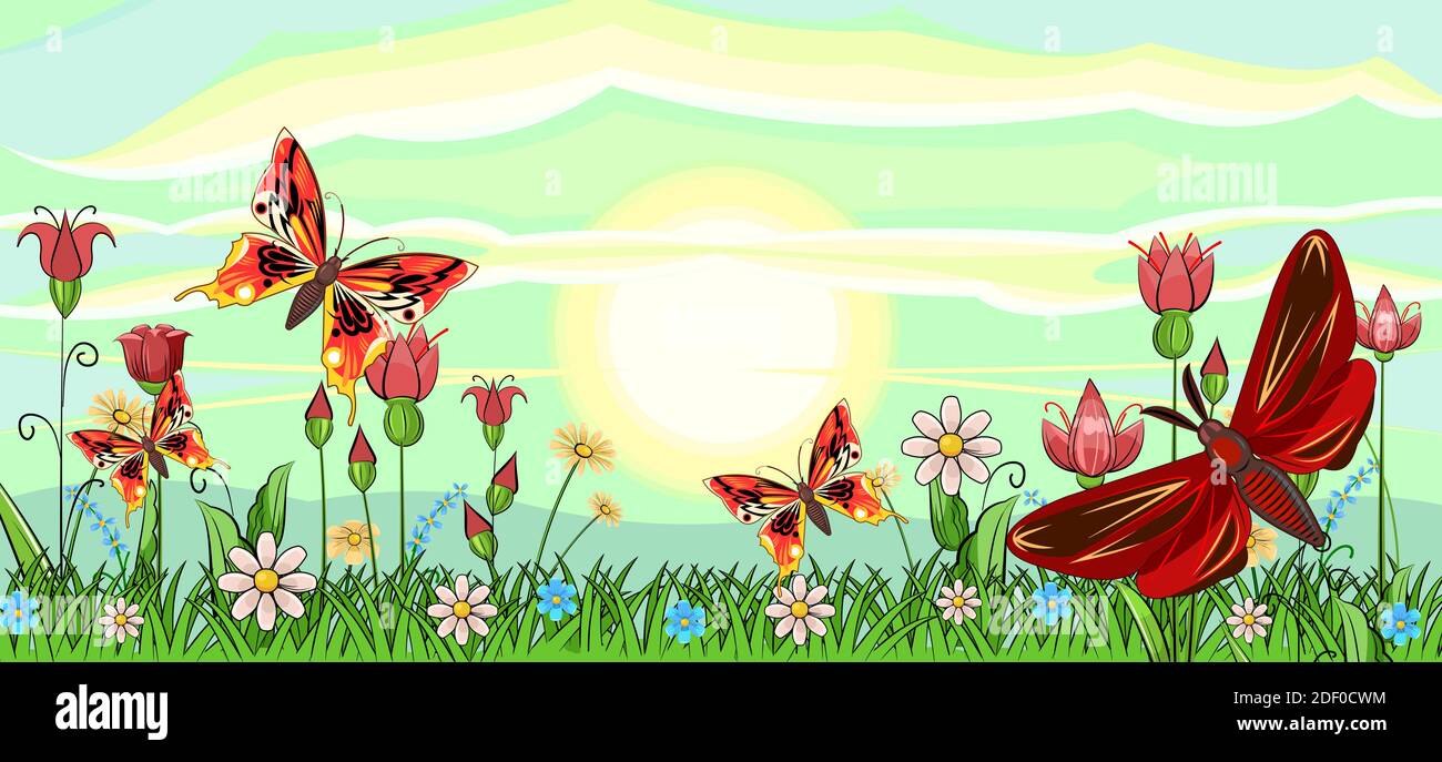 Pradera en flor con hierba y flores. Paisaje con cielo y sol. Estilo de dibujos animados. Ilustración fabulosa. Imagen de fondo. Hermosa vista natural Ilustración del Vector