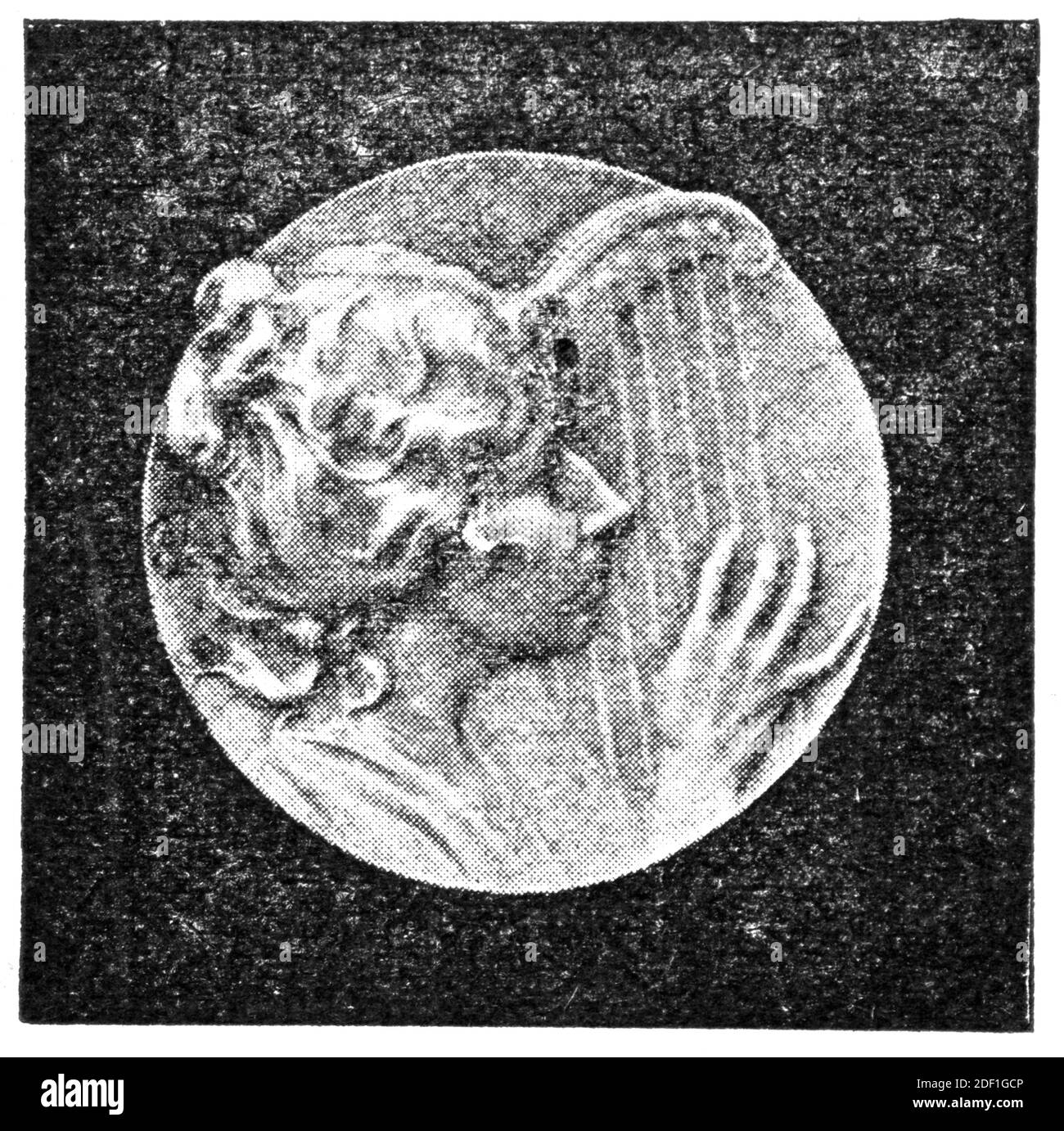 Brooch - Musique, de un escultor francés, medallista, artesano Alexandre Charpentier. Ilustración del siglo 19. Alemania. Fondo blanco. Foto de stock