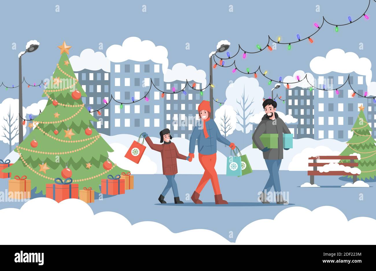 Preparación para Navidad y año Nuevo vector plano concepto. Feliz familia sonriente con bolsas de compras caminando en el parque de la ciudad decorado. Hombre, mujer y niño con ropa abrigo