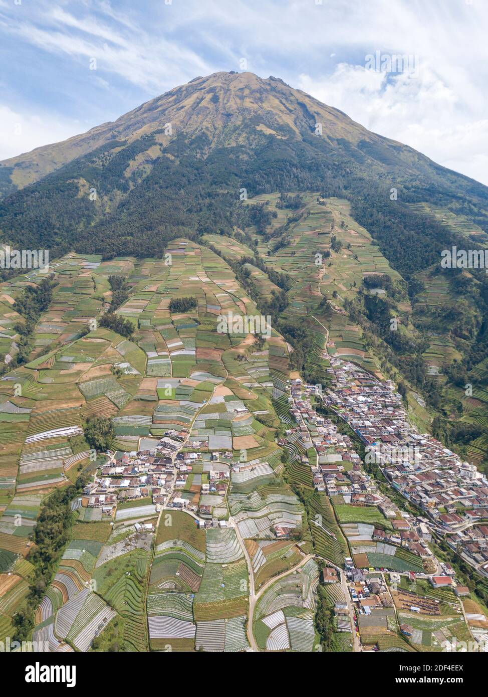 vista aérea la belleza de la construcción de casas en el campo de la ladera de la montaña. Nepal van Java es un tour rural en las laderas del Monte Sumbing, Centr Foto de stock