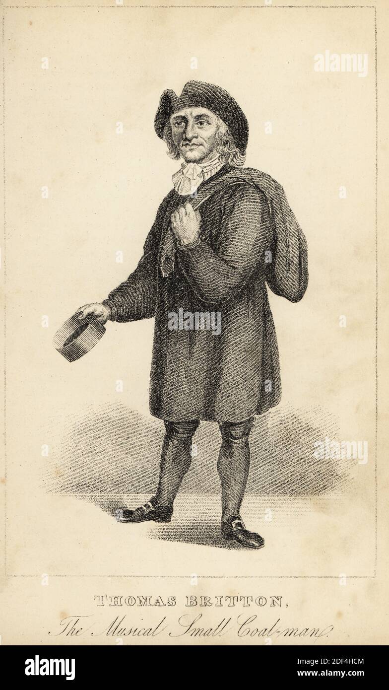 Thomas Britton, el pequeño hombre de carbón musical, 1644-1714. Famoso por sus conciertos, biblioteca de música antigua, colección de instrumentos musicales. Representado con su saco de carbón y medida. Litografía después de un grabado de estipendio por R. Page de Henry Wilson y James Caulfield's Book of Wonderful Characters, Memorias y anécdotas, de personas notables y excéntricas en todas las edades y países, John Camden Hotten, Piccadilly, Londres, 1869. Foto de stock