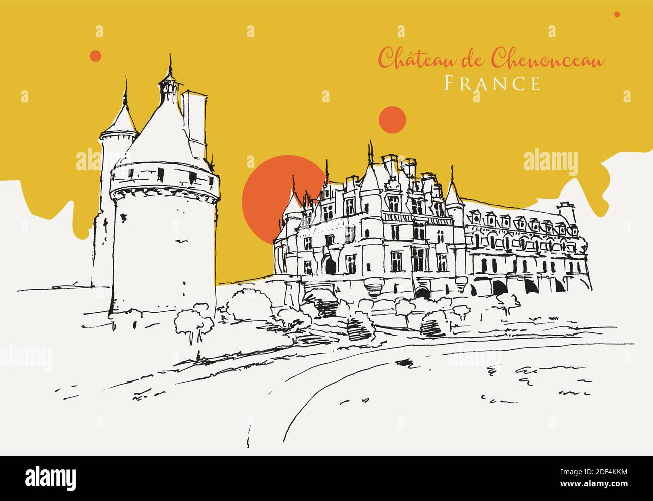Vector dibujo a mano ilustración del Chateau de Chenonceau en Valle del Loira en Francia Ilustración del Vector