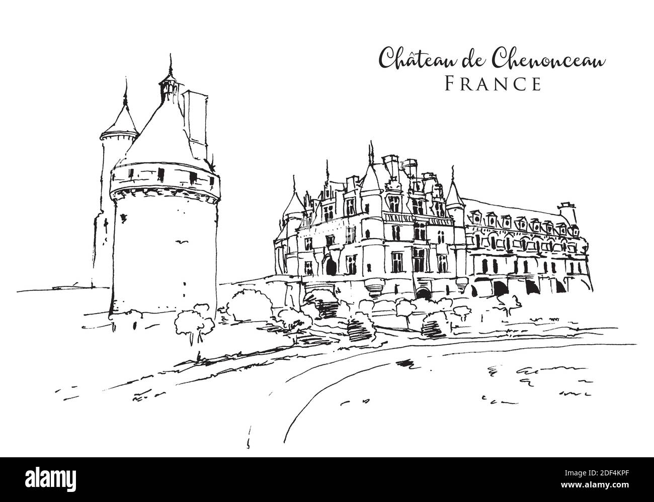 Vector dibujo a mano ilustración del Chateau de Chenonceau en Valle del Loira en Francia Ilustración del Vector