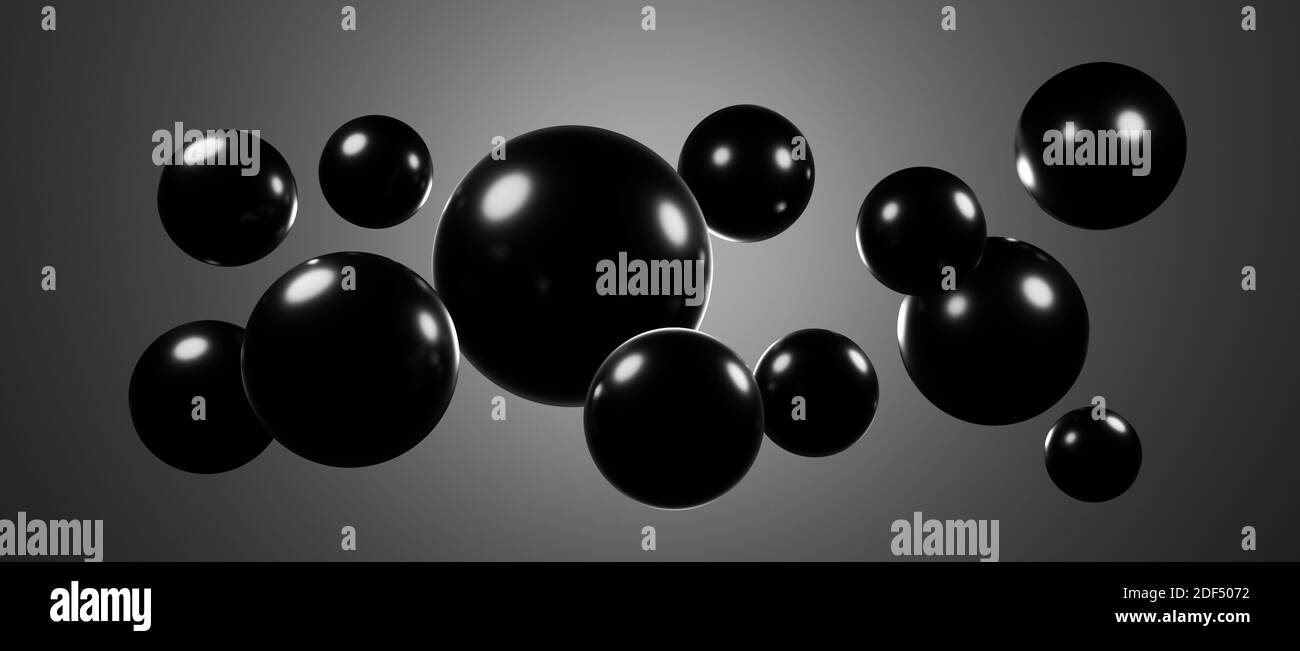 Abstracto flotando flotando esferas redondas, globos o bolas, cgi render ilustración, fondo de papel pintado de rendering, iluminación de colores, negro, brillante Foto de stock