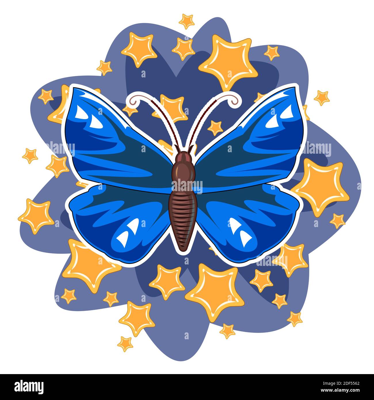 Mariposa azul sobre un fondo abstracto con estrellas. Composición brillante y hermosa. Objeto aislado sobre blanco. Vector. Ilustración del Vector