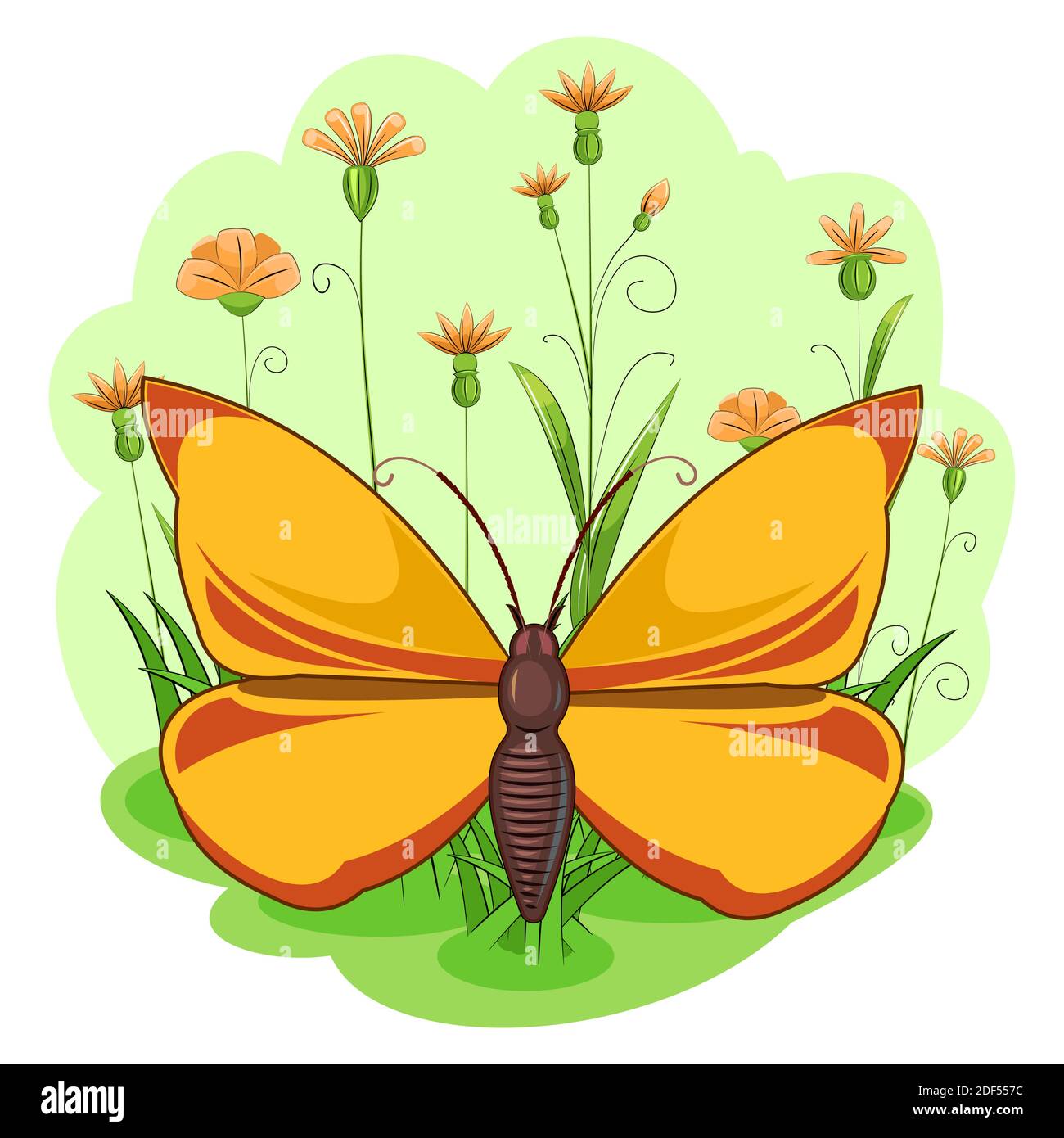 Mariposa amarilla en el fondo de un prado de verano en flor. Hierba, flores. Paisaje en estilo de dibujos animados. Composición brillante y hermosa. Aislado Ilustración del Vector