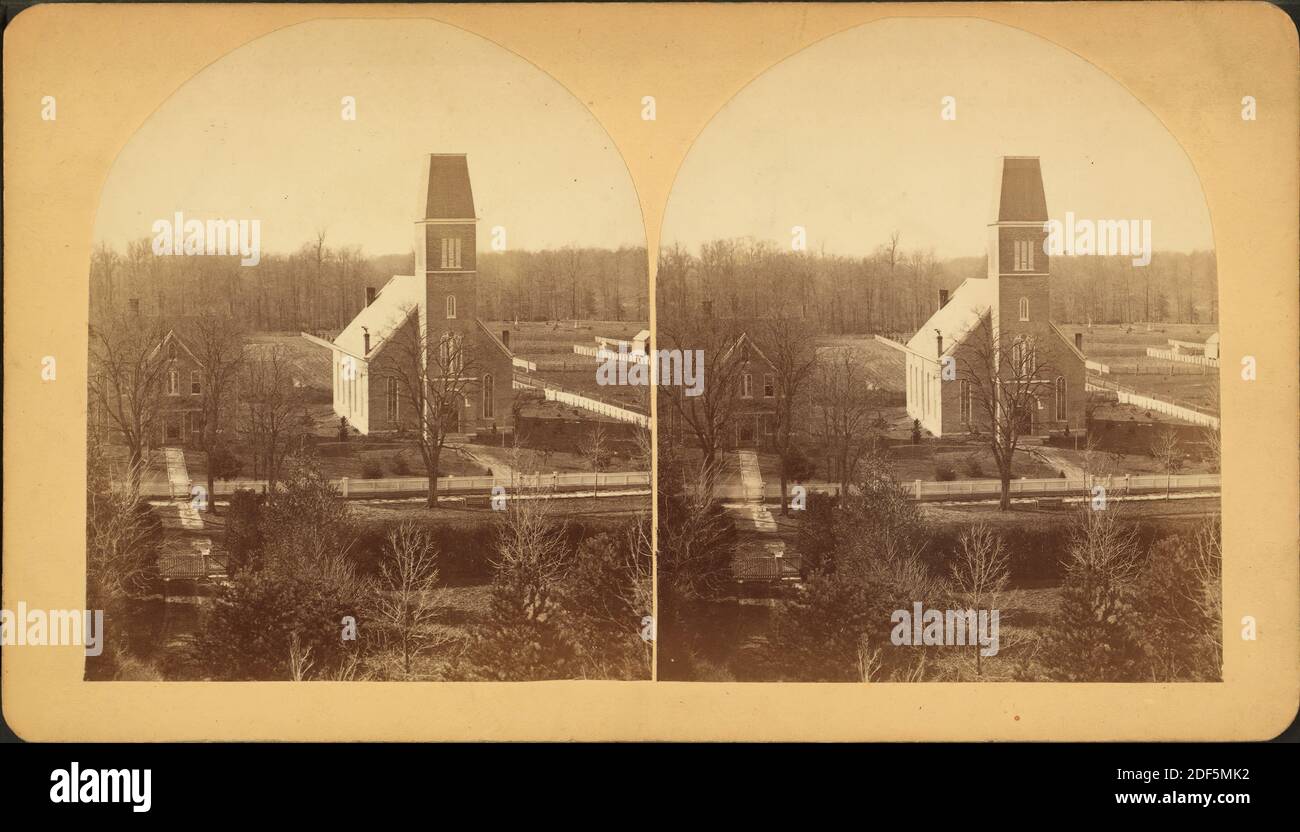 Hope, Indiana, iglesia y parsonage de Moravia, calle principal de Sth, de I.L. Seminario, imagen fija, estereografías, 1880 Foto de stock