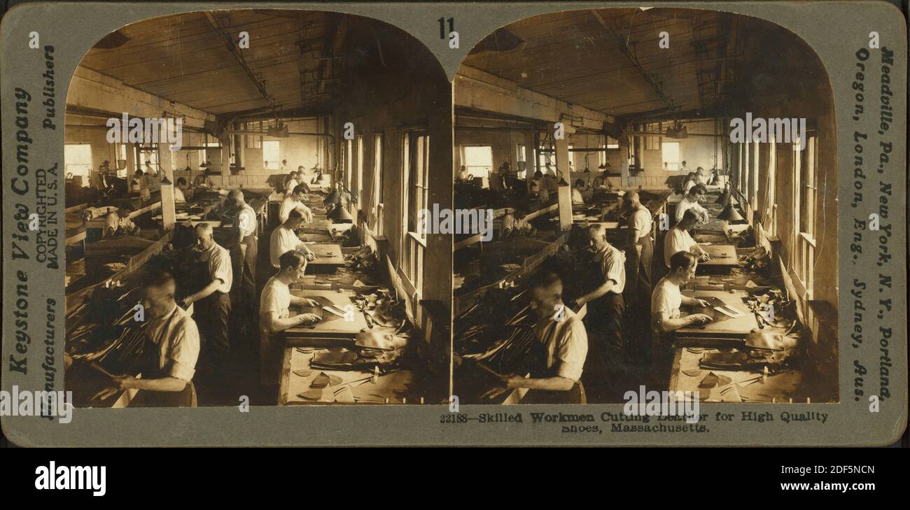 Obreros expertos, cortando cuero para zapatos de alta calidad, Massachusetts., imagen fija, estereógrafos, 1850 - 1930 Foto de stock