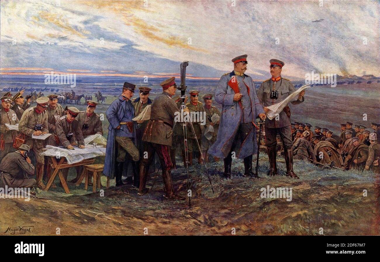 Batalla de Tannenberg por Hugo Vogel, c. 1917 (Paul von Hindenburg und sein engerer Stab in der Schlacht bei Tannenberg am 29. Agosto de 1914.) Foto de stock
