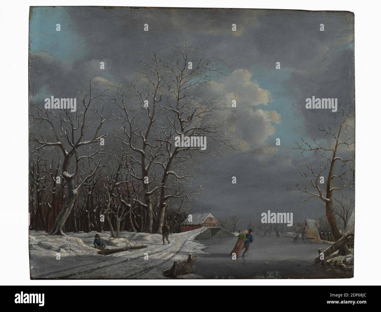 pintura, Jan Gerardus Cassteelen, 1822, frente de firma, abajo a la derecha, en la valla: J.G.C. 1822, panel, pintura al óleo, pintado, portador: 32.3 × 38.9 × 1cm (323 × 389 × 10mm), con marco: 46.1 x 51 x 5,5cm (461 x 510 x 55mm), patinaje sobre hielo, paisaje invernal, mujer, canal, paisaje urbano, vista al hielo, hombre, árbol, granja, pintura que representa un paisaje invernal con gente patinadora. A lo largo de un canal congelado, en el que un caballero y una dama patinan, un camino cubierto de nieve conduce a la izquierda en dirección a una ciudad por delante. En la carretera se puede ver a un hombre caminando y un colector de madera de lado bajo árboles pesados. Un puente cruza Foto de stock