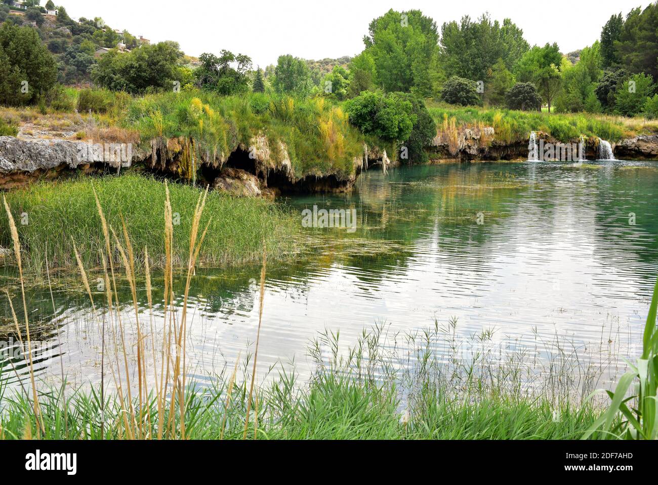 Laguna Lengua, laguna cárstica. Caída entre las lagunas de Redondilla y Lengua. Parque Natural lagunas de Ruidera, Guadiana Viejo, provincia de Albacete, Foto de stock