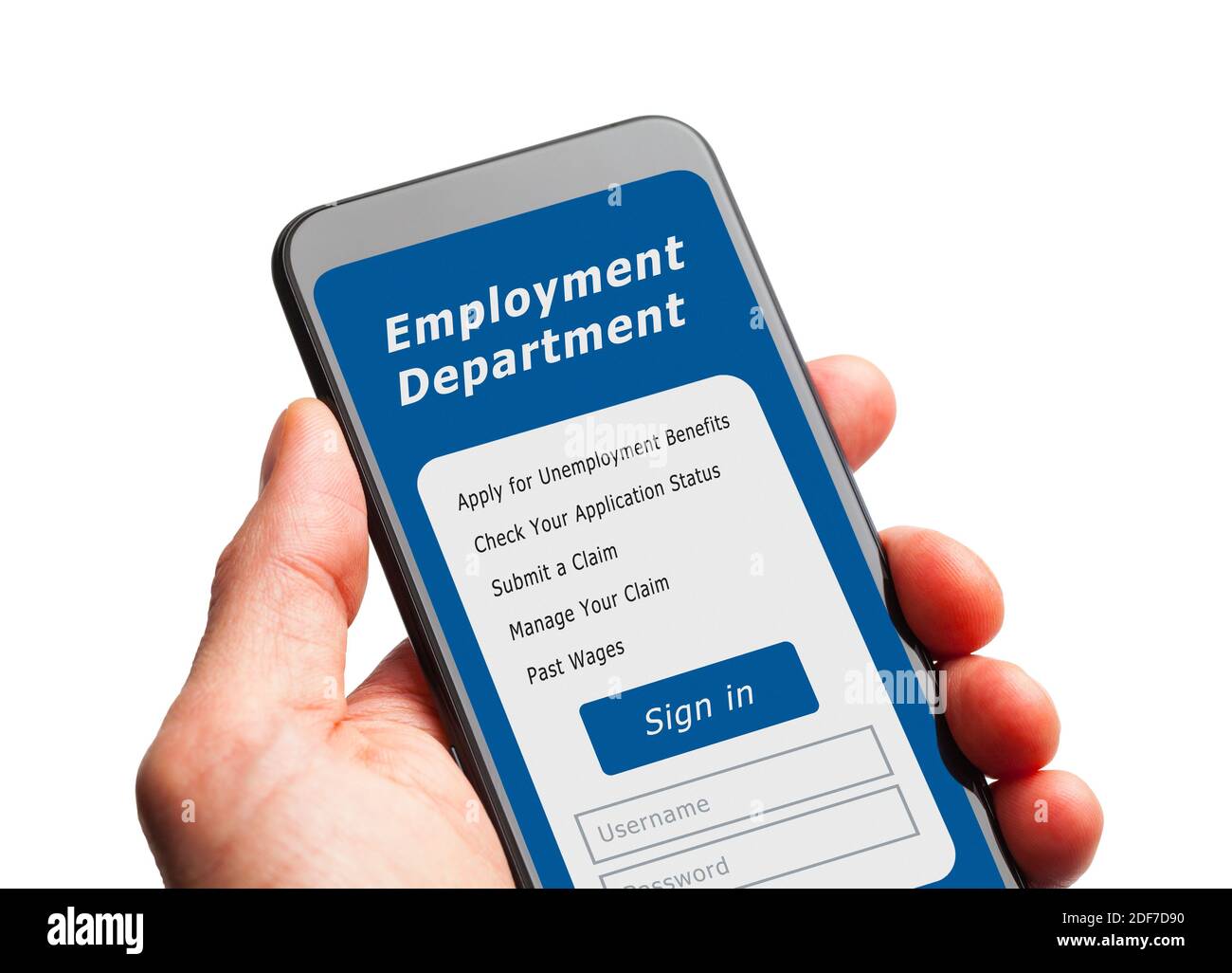 Tener la mano Smart Phone con la solicitud de desempleo Iniciar sesión. Foto de stock
