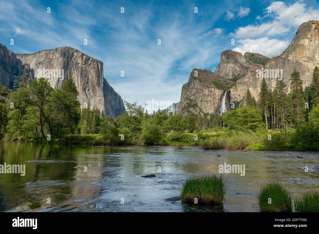 Valle Vista en verano a lo largo del río Merced en el Parque Nacional Yosemite CA USA ubicación en el mundo. Foto de stock